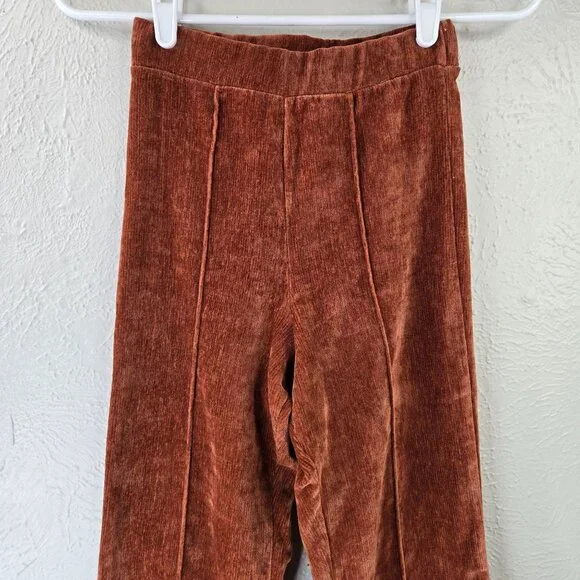 Velour Flare Pant XS Brown High Waist Pull on Stretchy Pintuck Trouser Retro 70s - Picture 3 of 12